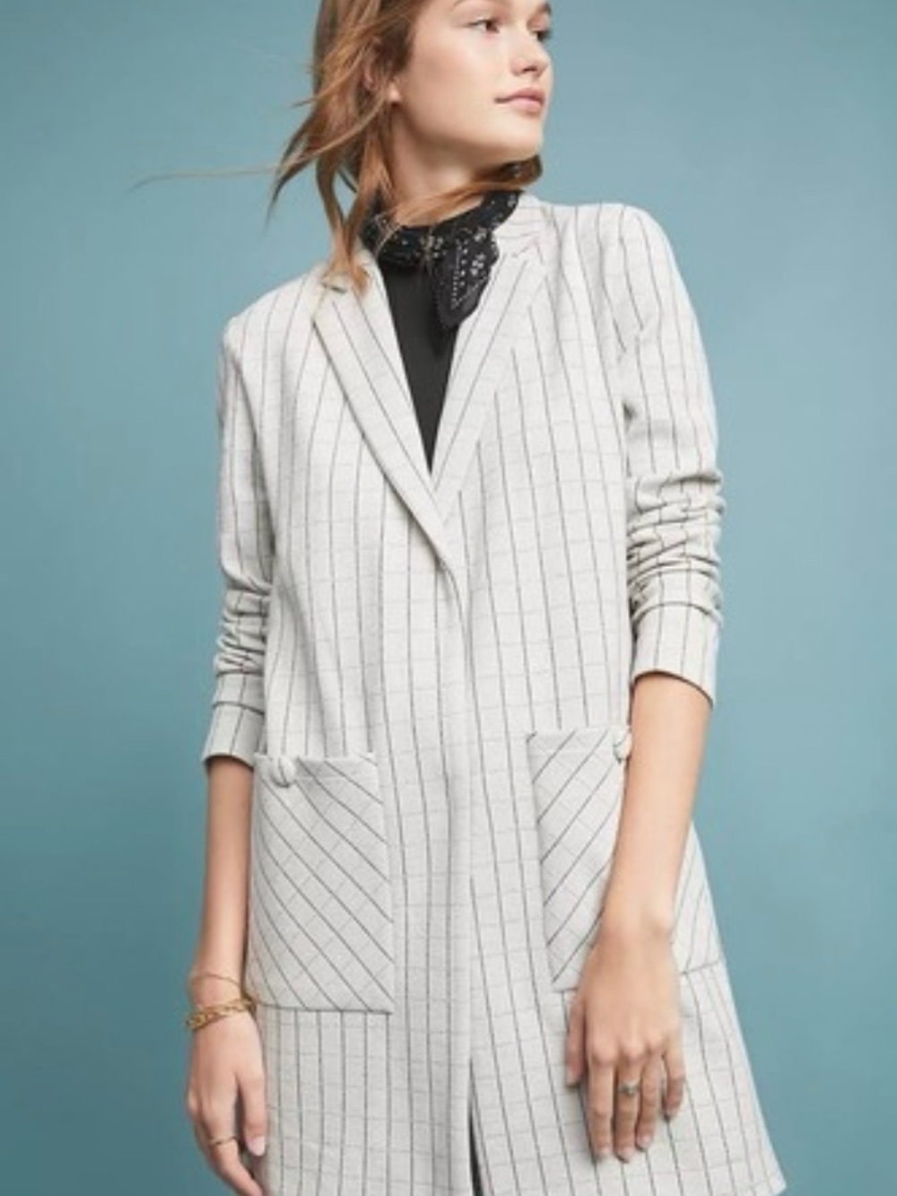Anthropologie Cream White Pinstripe Long Blazer